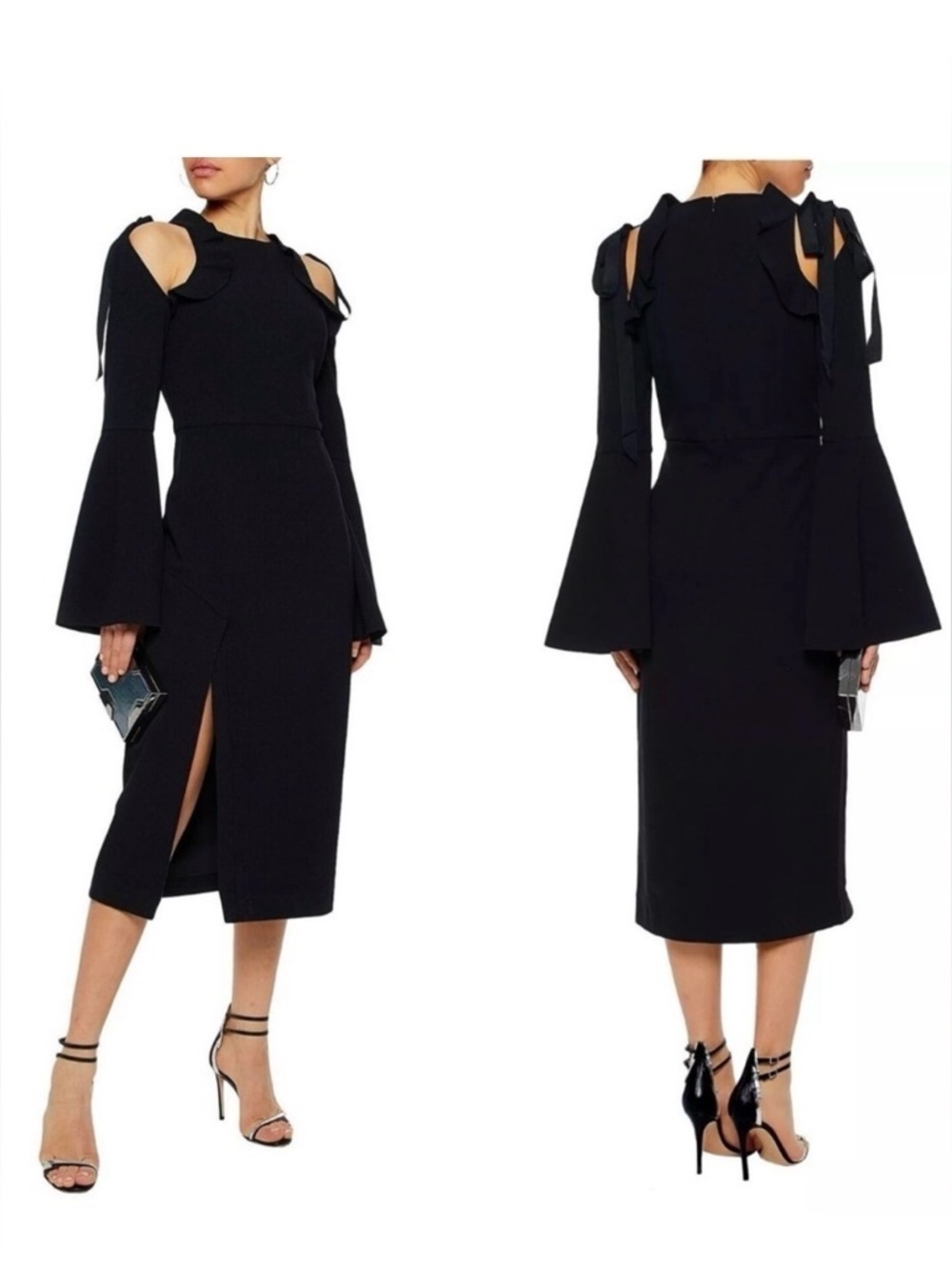 Rebecca Vallance Gigi Black Cutout Ruffle Bell Sleeve Midi Dress Size 2